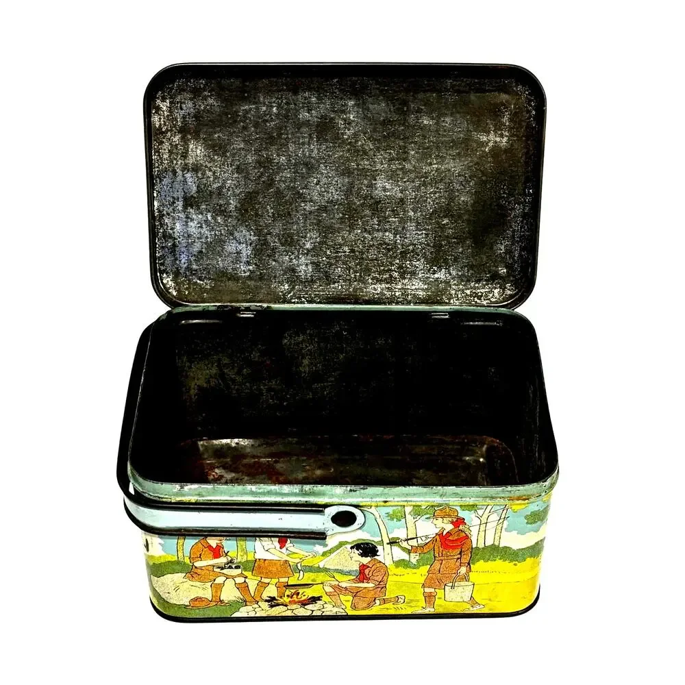 Vintage Girl Scouts metal tin lunch box top handle guides flags yellow blue